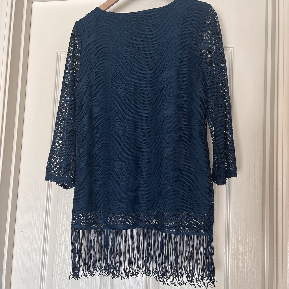 Melissa Paige Crochet Fringe Blouse Boho Hippie Flowy Size Large NWT Blue - Picture 4 of 7